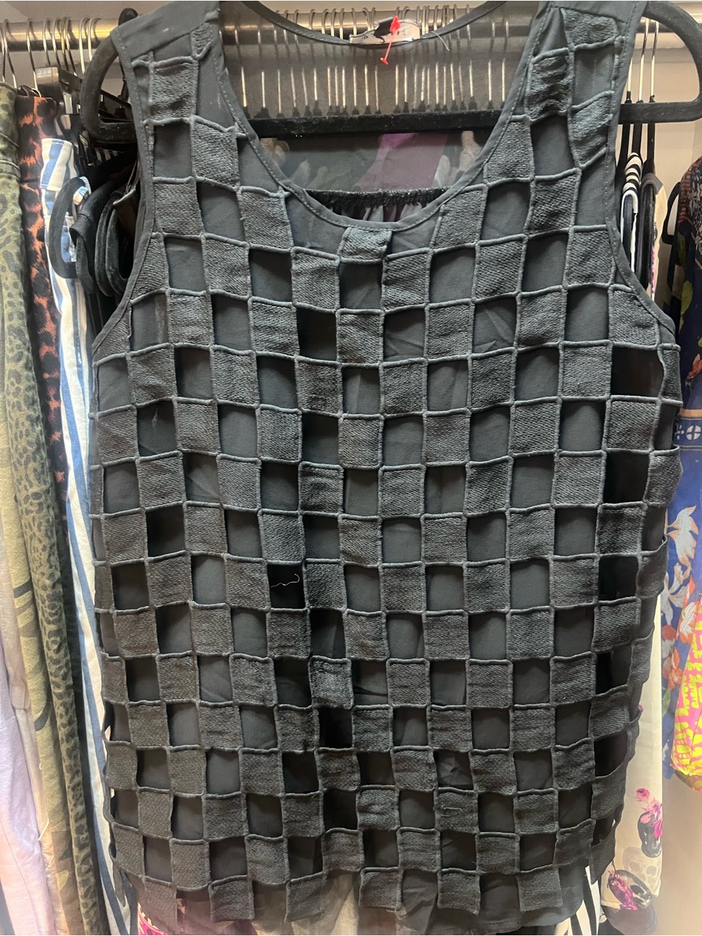 Y2K, Goth, Black Sleeveless Woven Grid Tank Top
